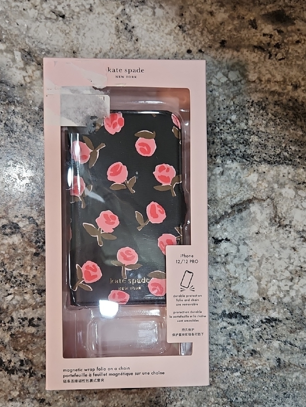 📣kate spade Black with Pink Floral iPhone 12/12 Pro Folio Case